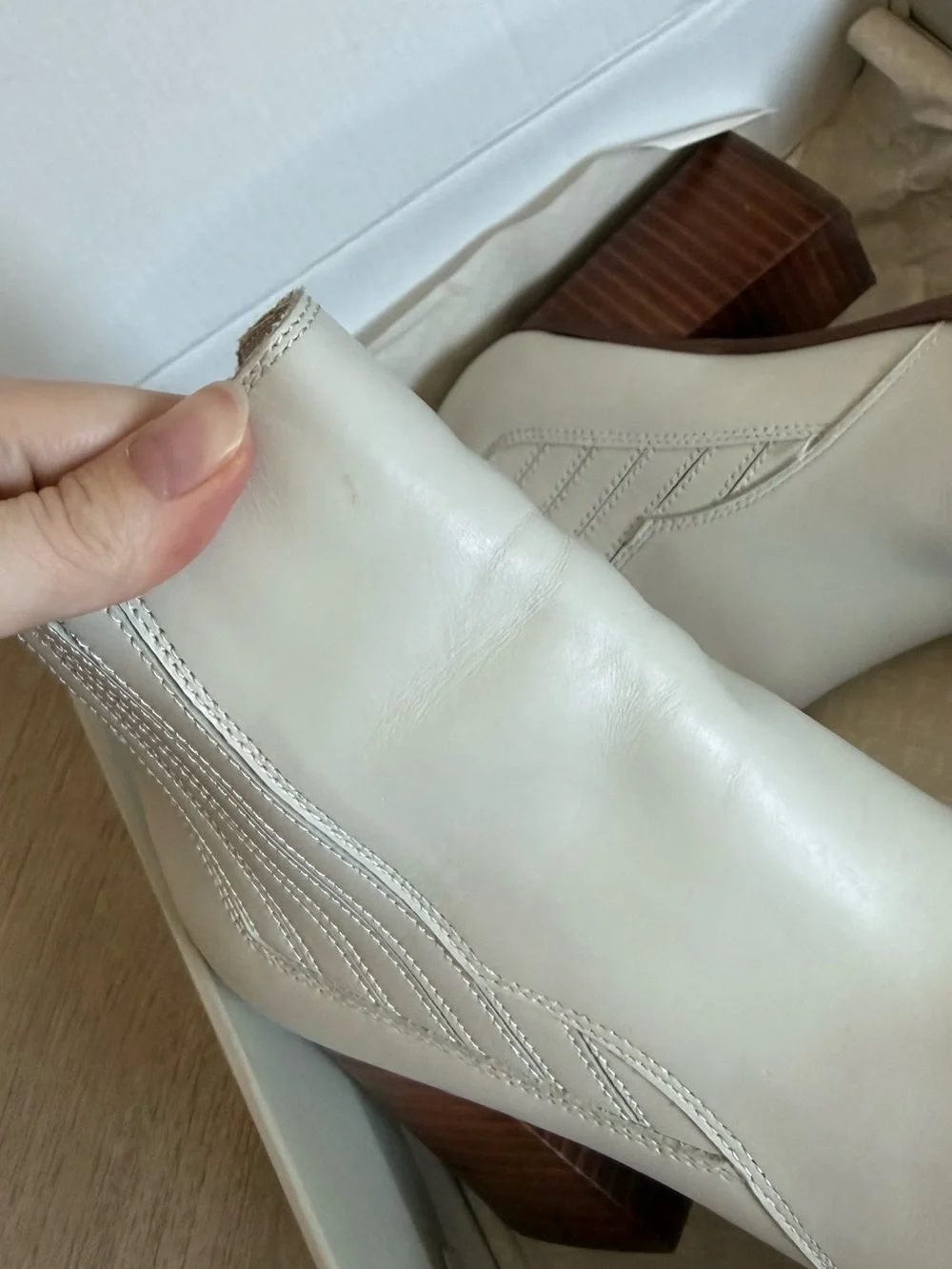 Marc Fisher Cream Leather Ankle Booties with Wood Block Heel